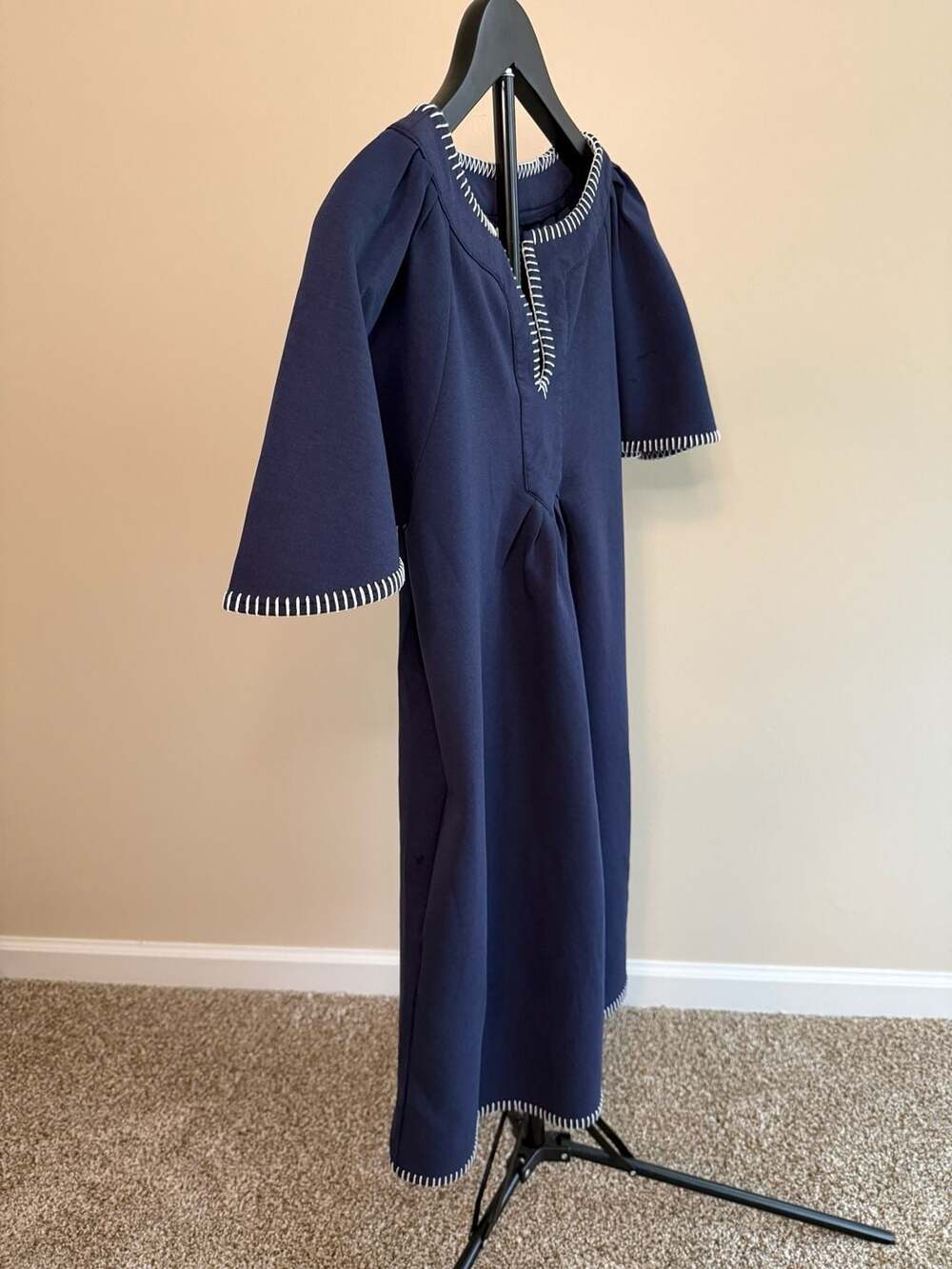 Beaulane Navy Blue Split Neck Contrast Whipstitch Trim Mini Dress with Pockets-S - Picture 3 of 7